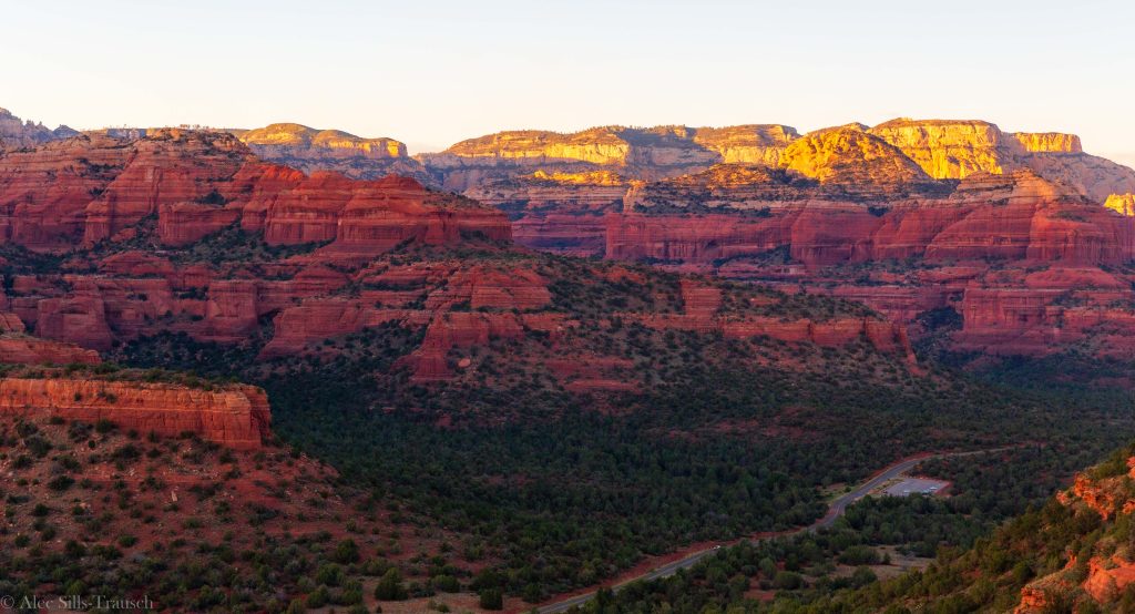 Sunset over the red rocks from Doe Mountain Trail, one of the best easy hikes in Sedona, Arizona