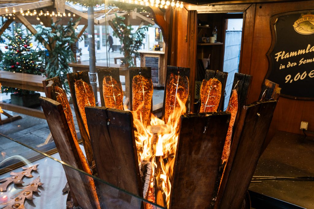 Wood fired salmon German Christmas Market foods
